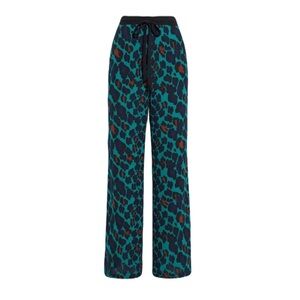 Diane Von Furstenberg Nik Leopard Crepe Wide-Leg Pants in Emerald Teal, Large